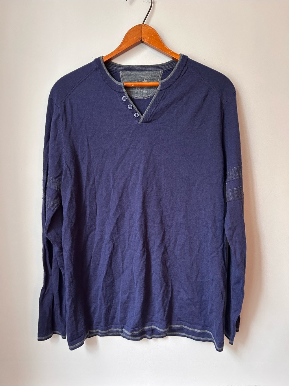 Raffi Henley Shirt Long Sleeve Mens LG Navy Cotton Casual Premium Pullover